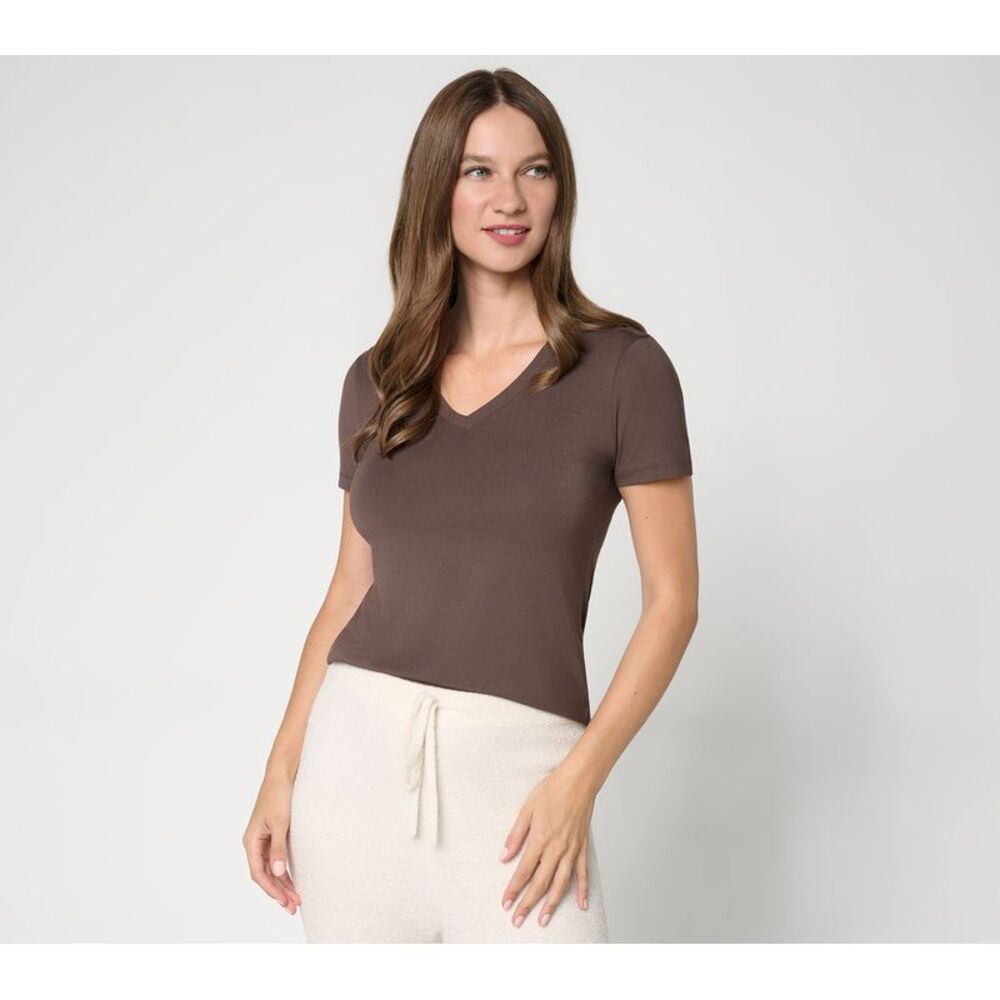 Barefoot Dreams Women's Top Sz L Modal V-Neck Tee Brown